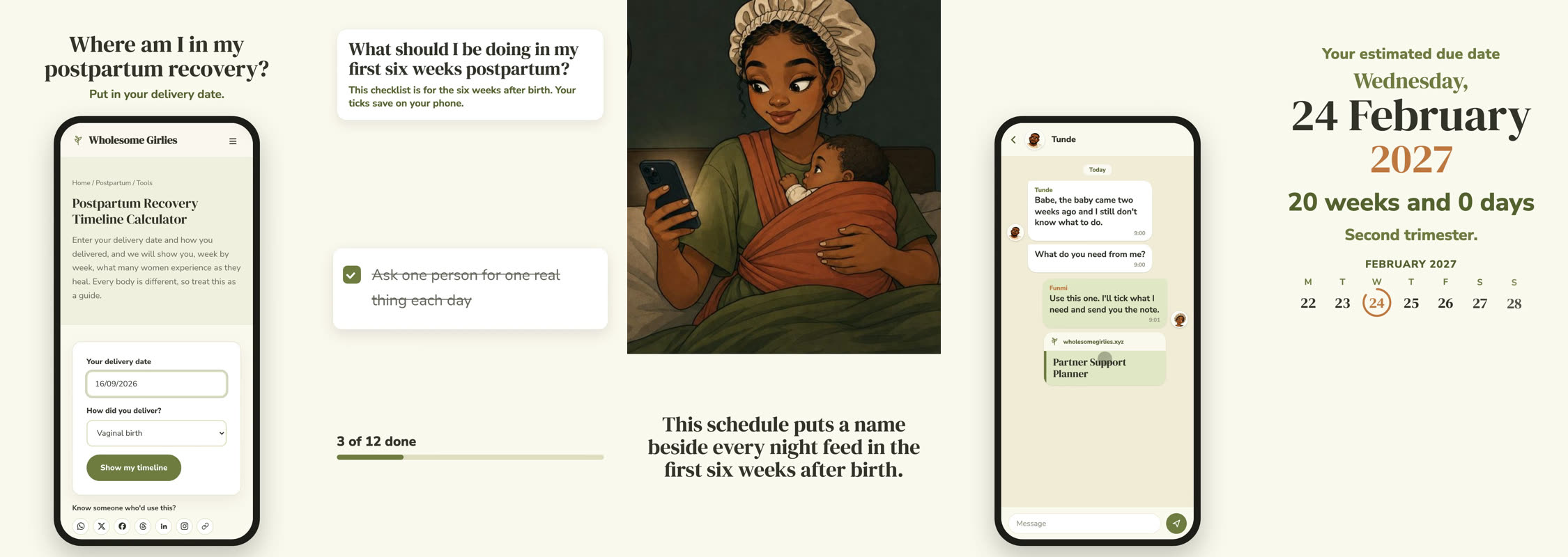 Five vertical frames from Wholesome Girlies tool shorts: a phone demo, a card stack, a drawn cast character, a chat and a big reveal of a due date