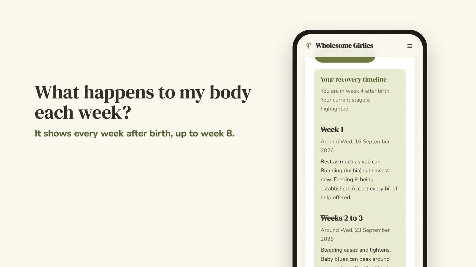 Frame from a Wholesome Girlies tool short showing the real Postpartum Recovery Timeline Calculator on a phone