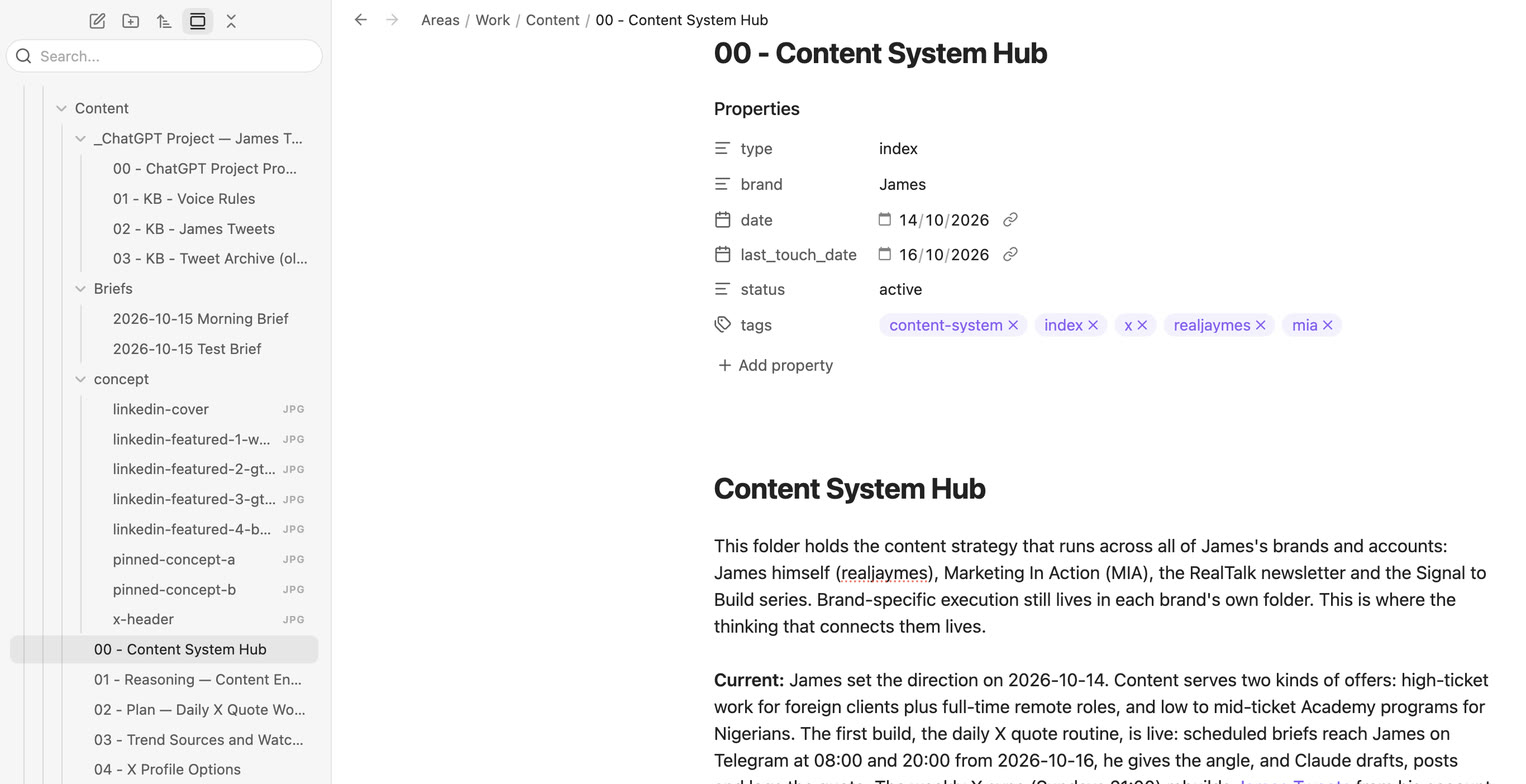 The Content System Hub in Obsidian, with the ChatGPT project files, briefs and concept images in the Content folder